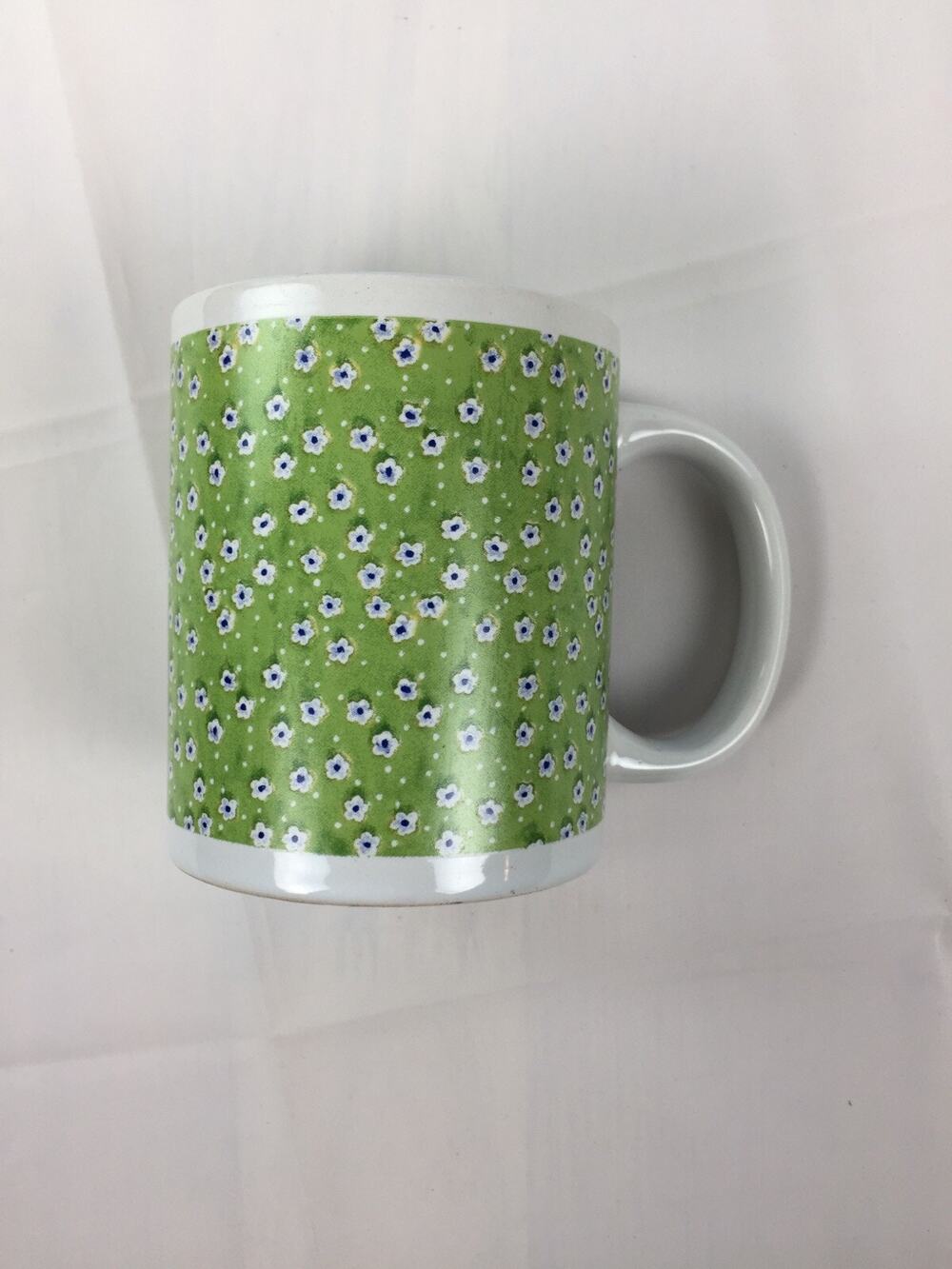 Michaels Coffee Mug 12 oz Green W/ White Flowers 4” New